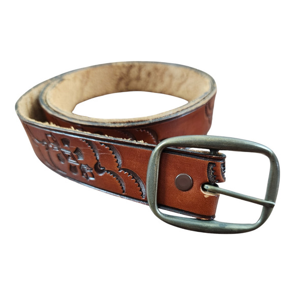 Brown Full grain cowhide belt tooled design made in USA leather - Picture 1 of 10